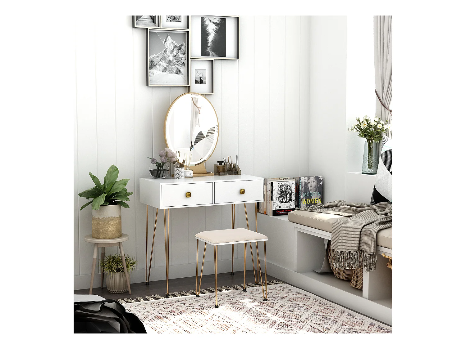 Coiffeuse design - miroir LED intégré - 2 tiroirs + 1 organisateur - tabouret inclus - métal noir MDF banc doré