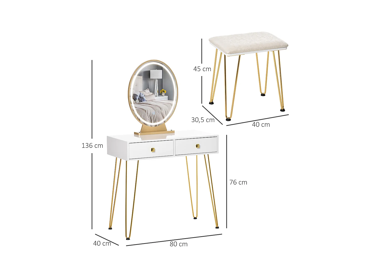 Coiffeuse design - miroir LED intégré - 2 tiroirs + 1 organisateur - tabouret inclus - métal noir MDF banc doré