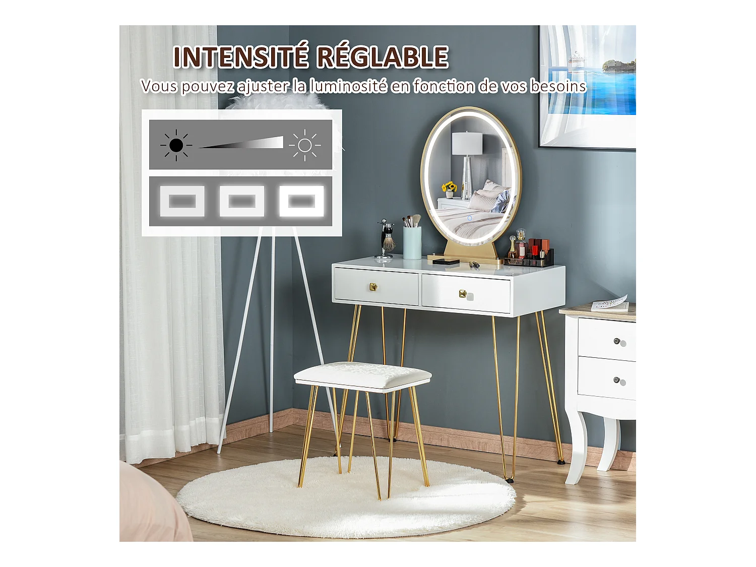Coiffeuse design - miroir LED intégré - 2 tiroirs + 1 organisateur - tabouret inclus - métal noir MDF banc doré