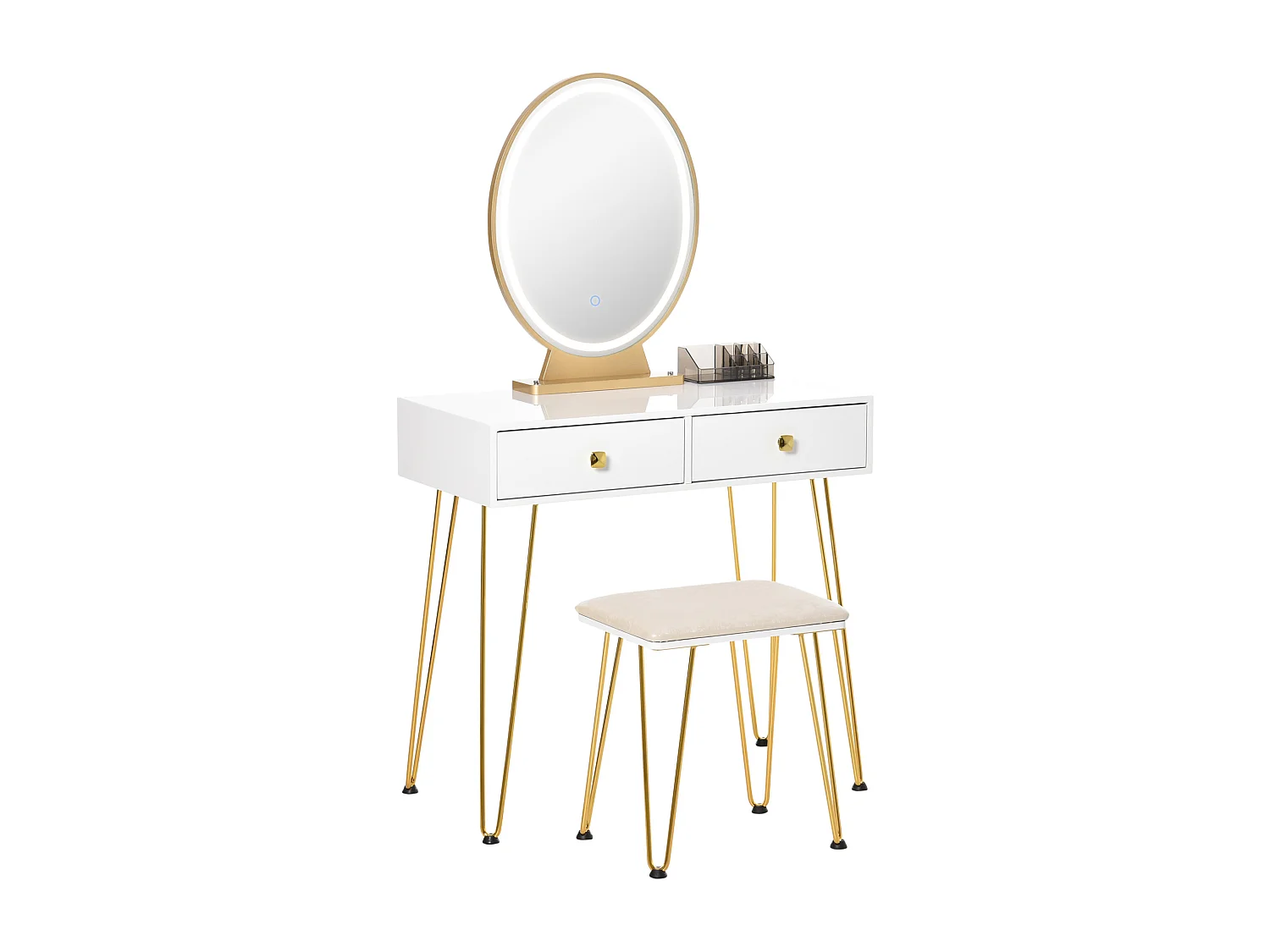 Coiffeuse design - miroir LED intégré - 2 tiroirs + 1 organisateur - tabouret inclus - métal noir MDF banc doré