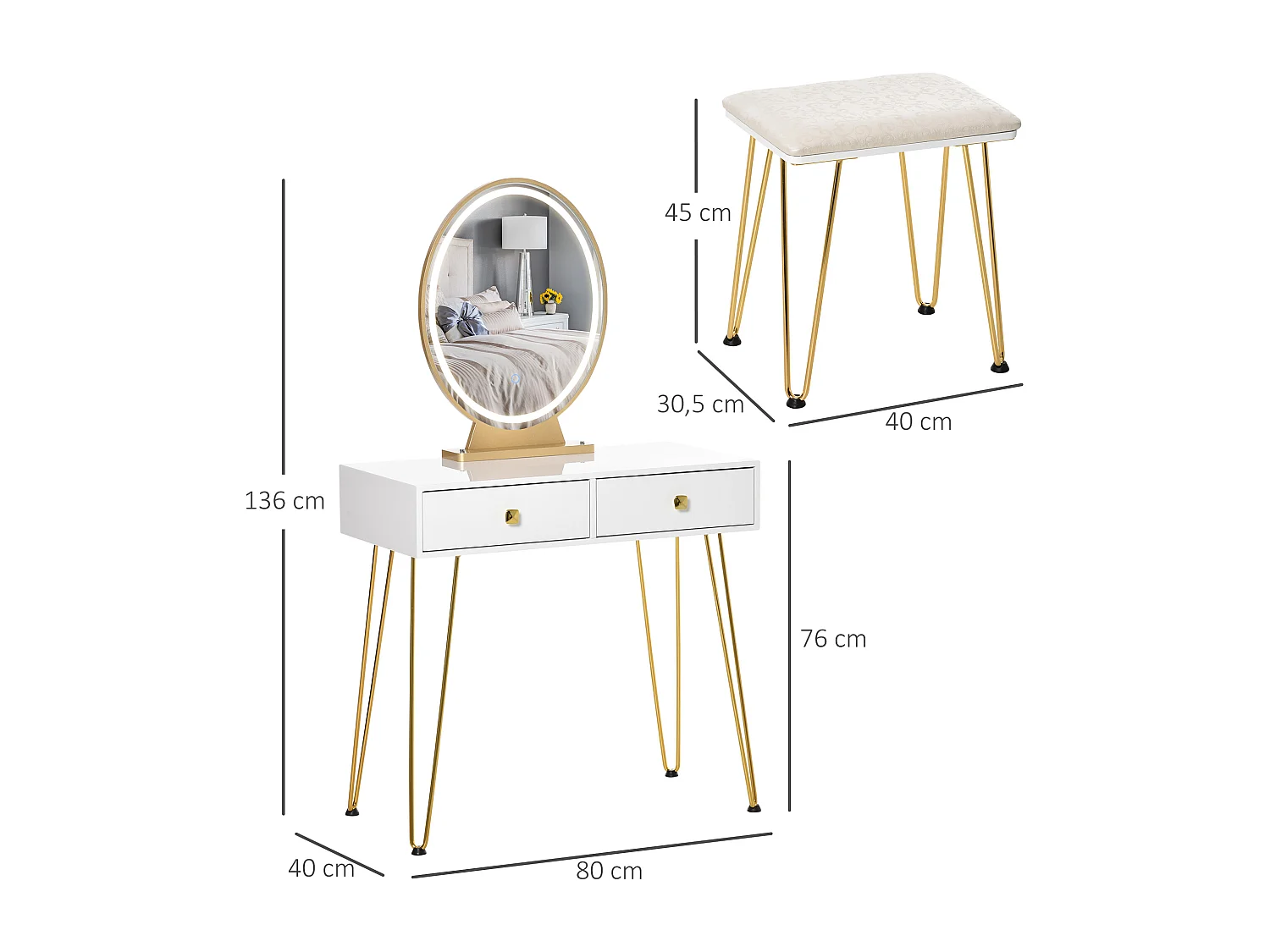 Coiffeuse design - miroir LED intégré - 2 tiroirs + 1 organisateur - tabouret inclus - métal noir MDF banc doré