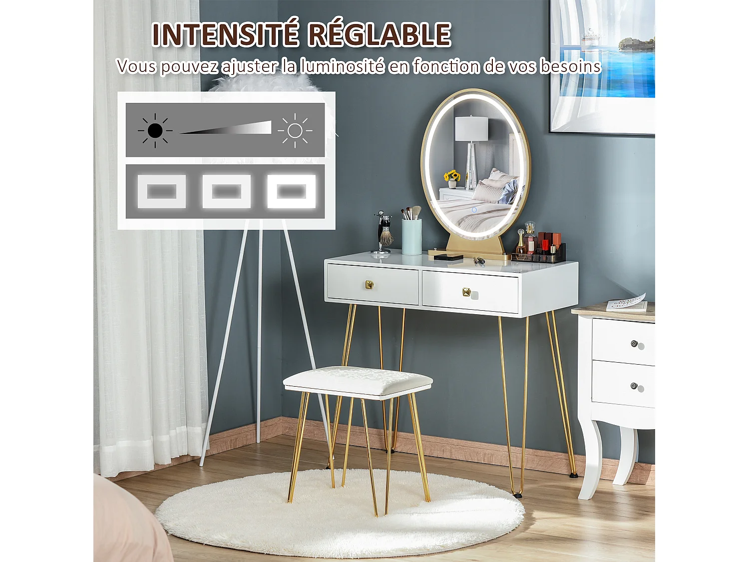 Coiffeuse design - miroir LED intégré - 2 tiroirs + 1 organisateur - tabouret inclus - métal noir MDF banc doré
