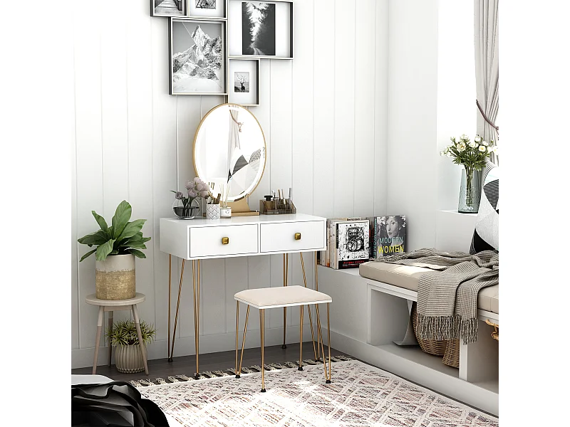 Coiffeuse design - miroir LED intégré - 2 tiroirs + 1 organisateur - tabouret inclus - métal noir MDF banc doré