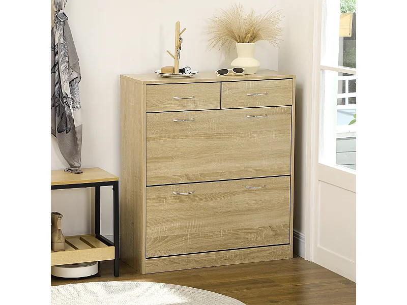 Armoire meuble à chaussures multi-rangement 2 abattants double niveau 2 tiroirs aspect chêne clair