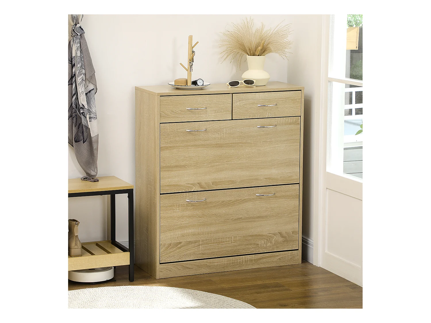 Armoire meuble à chaussures multi-rangement 2 abattants double niveau 2 tiroirs aspect chêne clair