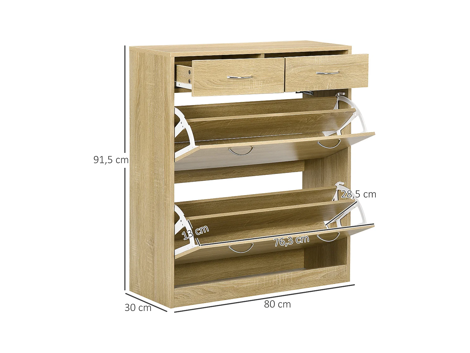 Armoire meuble à chaussures multi-rangement 2 abattants double niveau 2 tiroirs aspect chêne clair
