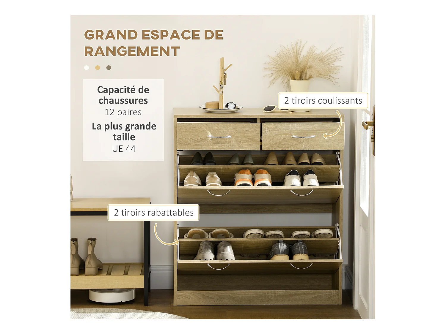 Armoire meuble à chaussures multi-rangement 2 abattants double niveau 2 tiroirs aspect chêne clair