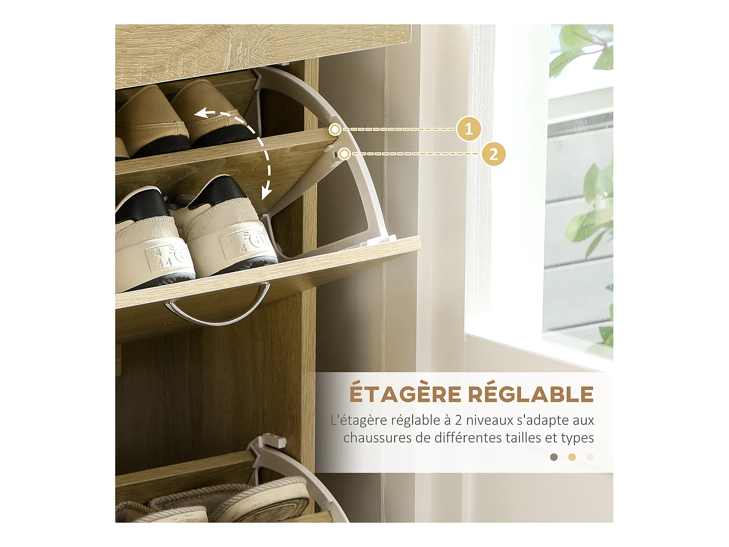 Armoire meuble à chaussures multi-rangement 2 abattants double niveau 2 tiroirs aspect chêne clair