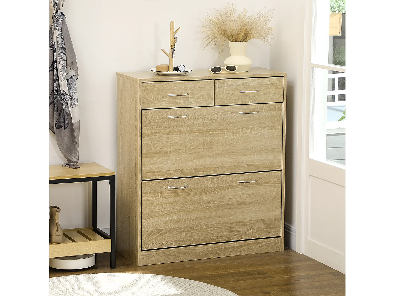 Armoire meuble à chaussures multi-rangement 2 abattants double niveau 2 tiroirs aspect chêne clair