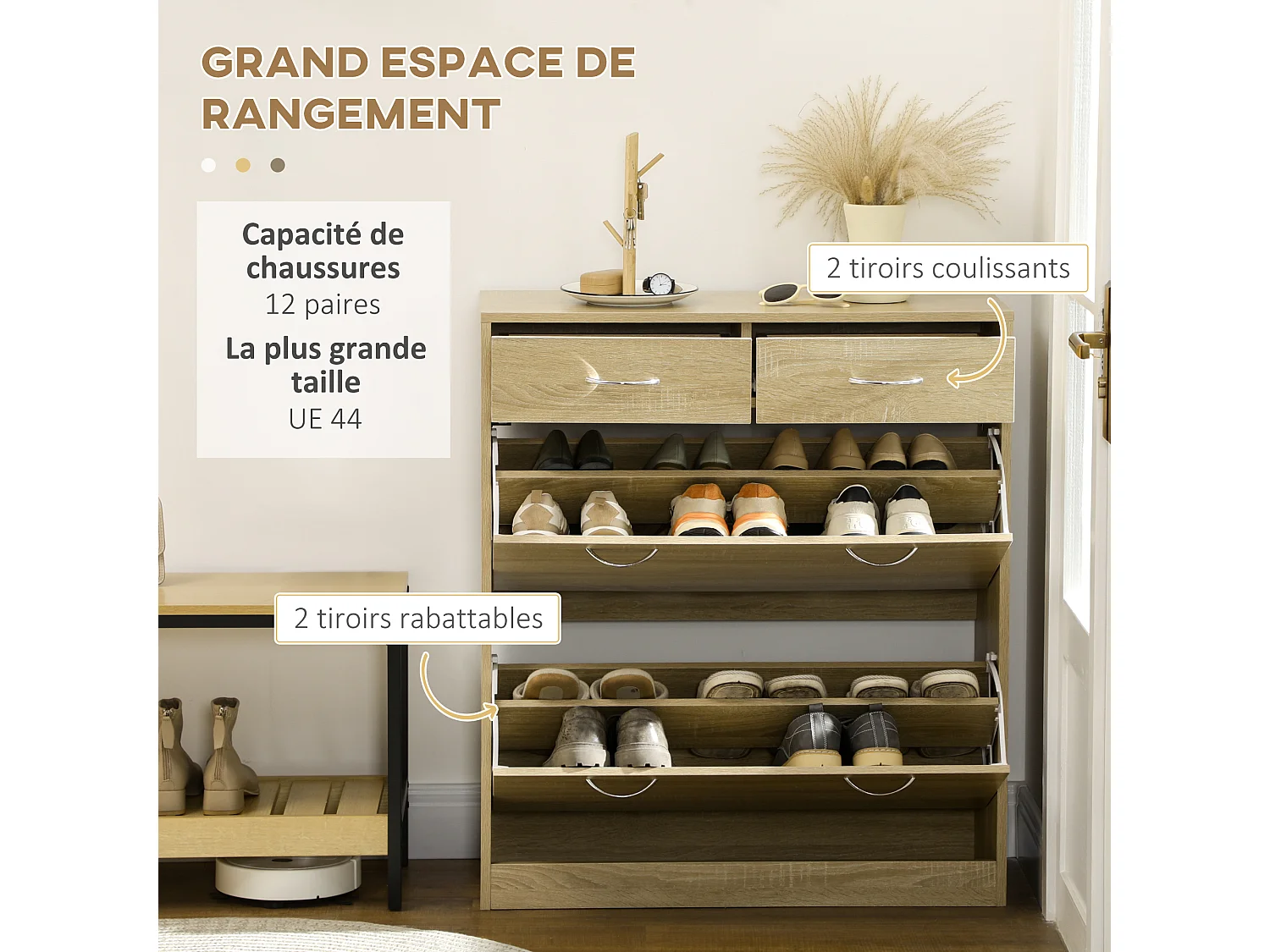 Armoire meuble à chaussures multi-rangement 2 abattants double niveau 2 tiroirs aspect chêne clair