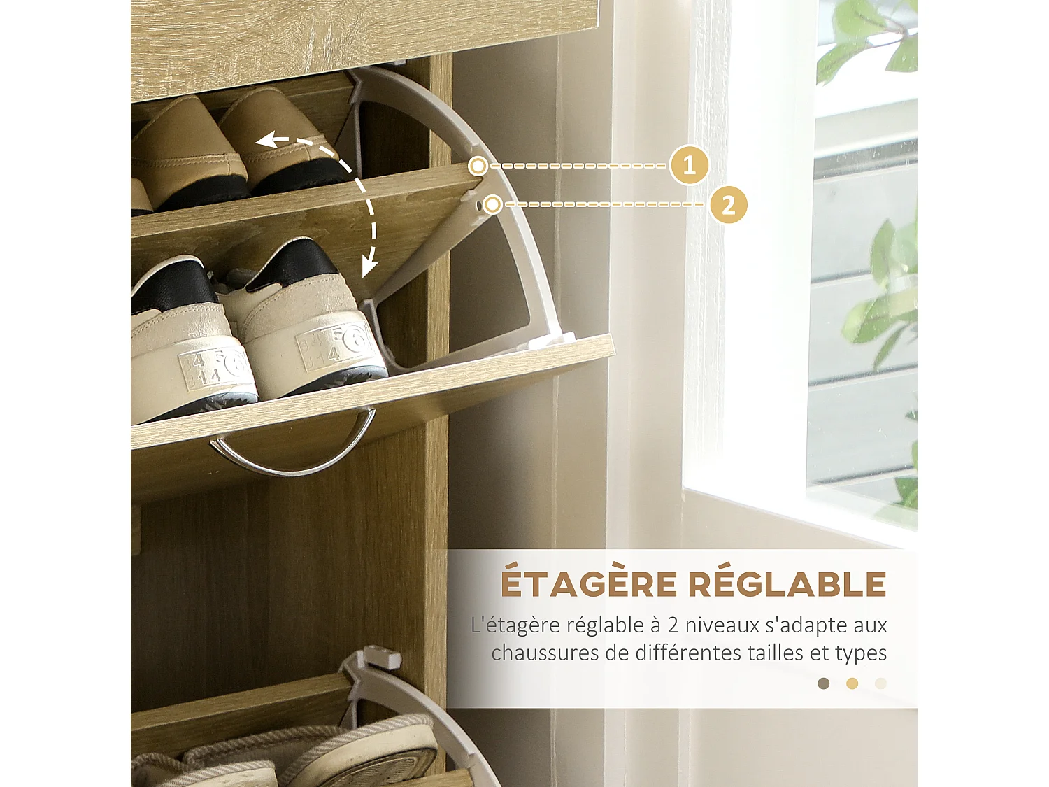 Armoire meuble à chaussures multi-rangement 2 abattants double niveau 2 tiroirs aspect chêne clair