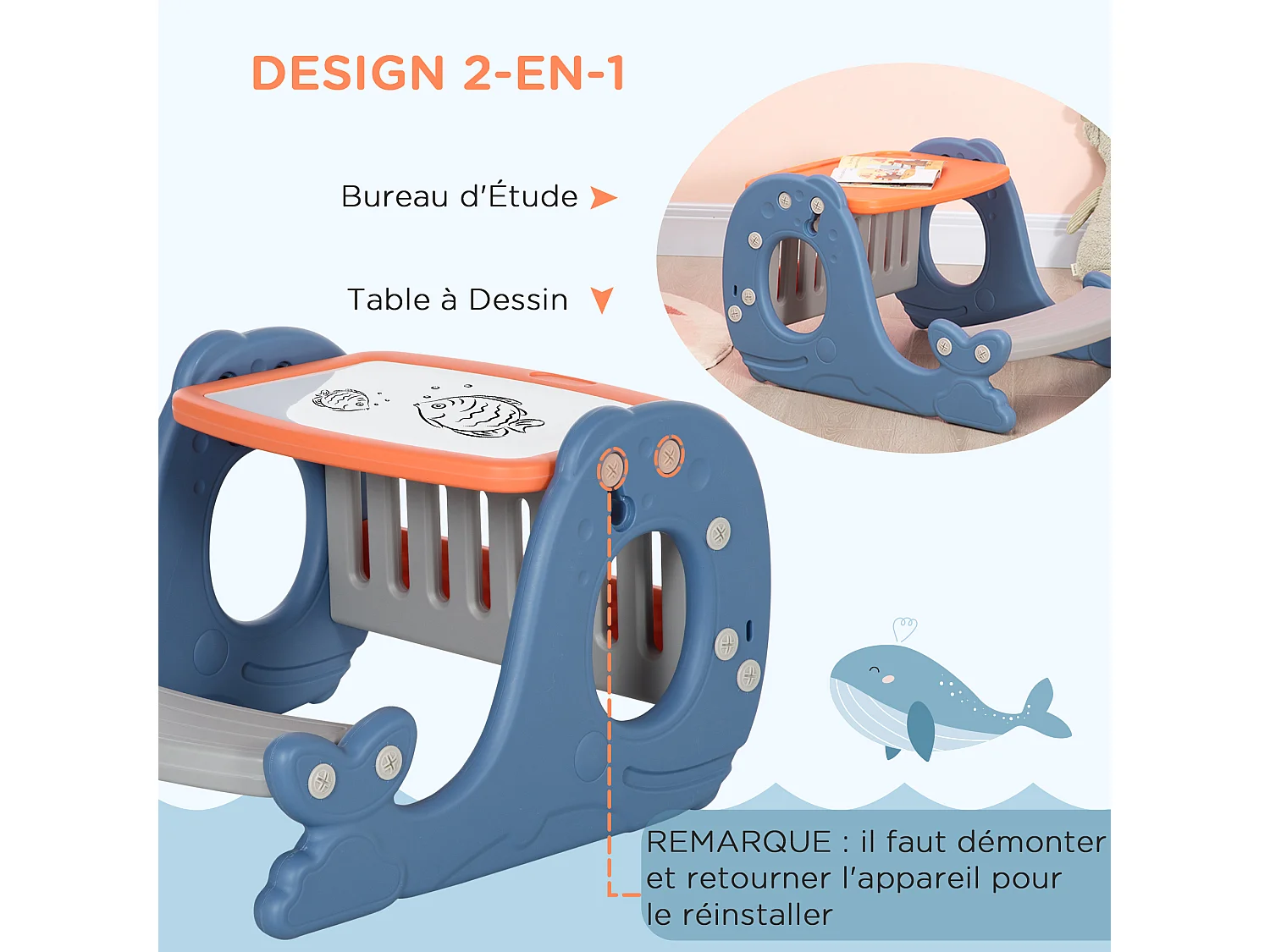 Bureau pupitre pour enfants avec tableau blanc - table à dessin - dim. 65L x 53l x 41H cm