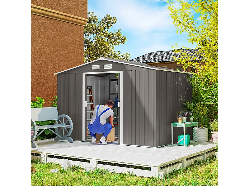 Abri de jardin - remise pour outils - cabanon double porte coulissante - fondation incluse - dim. 277L x 191l x 192H cm - tôle d'acier ondulée grise