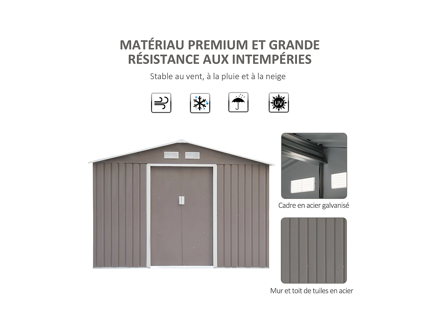 Abri de jardin - remise pour outils - cabanon double porte coulissante - fondation incluse - dim. 277L x 191l x 192H cm - tôle d'acier ondulée grise