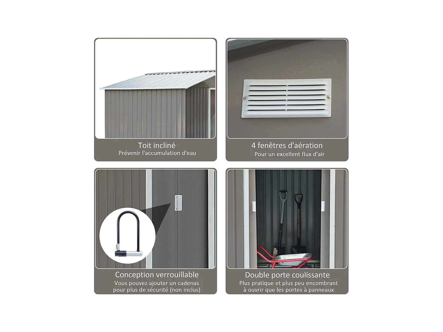 Abri de jardin - remise pour outils - cabanon double porte coulissante - fondation incluse - dim. 277L x 191l x 192H cm - tôle d'acier ondulée grise