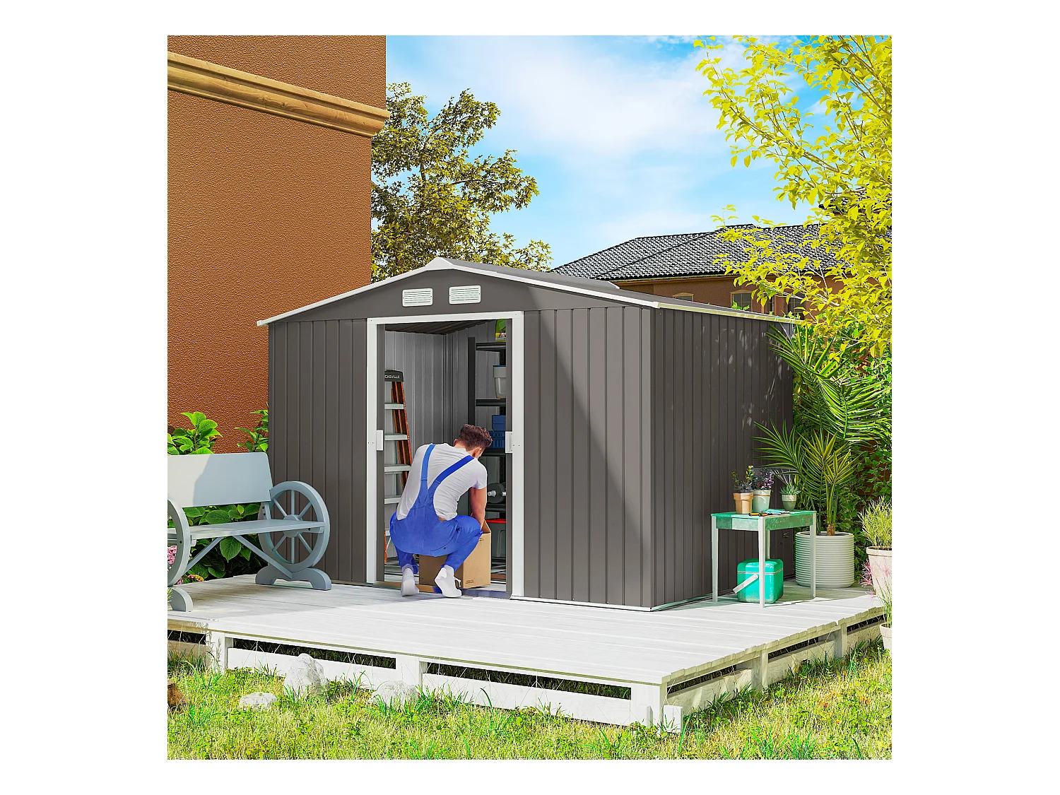 Abri de jardin - remise pour outils - cabanon double porte coulissante - fondation incluse - dim. 277L x 191l x 192H cm - tôle d'acier ondulée grise