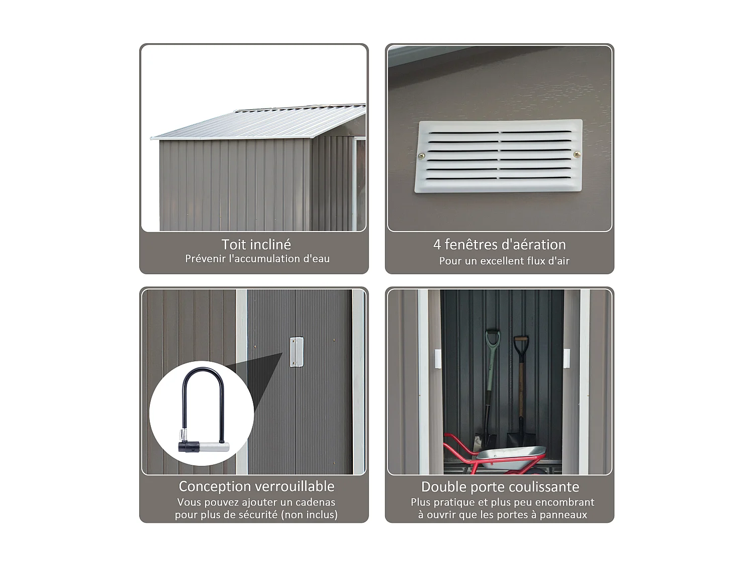 Abri de jardin - remise pour outils - cabanon double porte coulissante - fondation incluse - dim. 277L x 191l x 192H cm - tôle d'acier ondulée grise