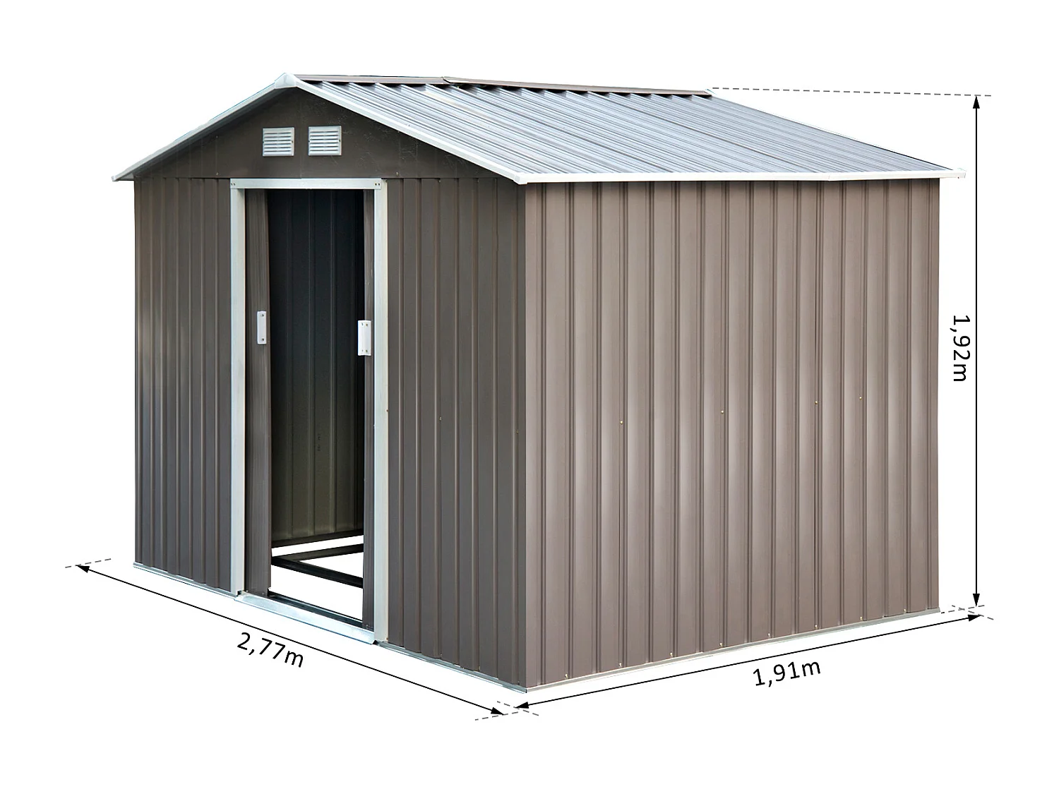 Abri de jardin - remise pour outils - cabanon double porte coulissante - fondation incluse - dim. 277L x 191l x 192H cm - tôle d'acier ondulée grise