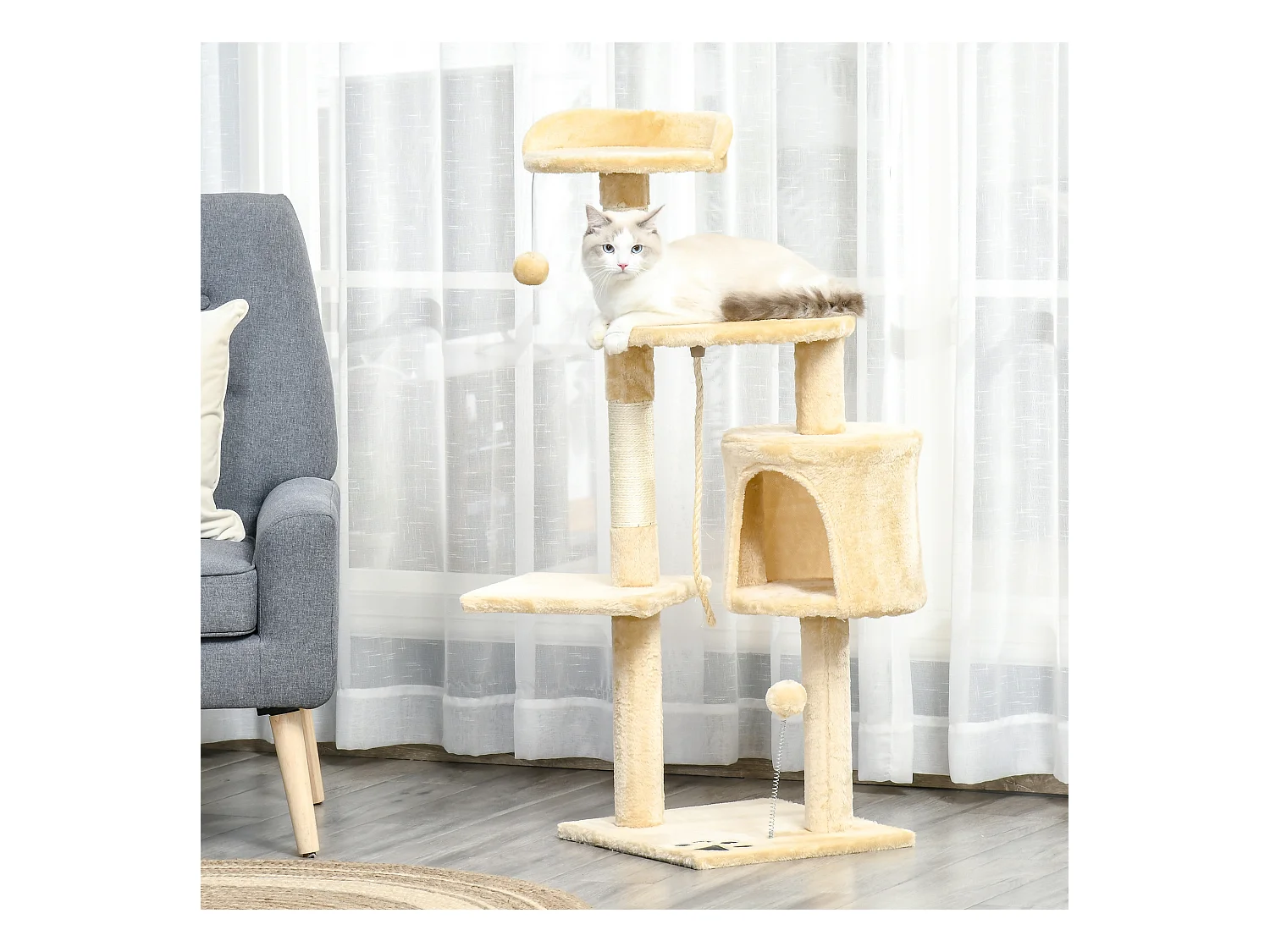 Arbre à chats multi-équipements griffoirs grattoirs plateformes niche corde jouets 40L x 40l x 114H cm beige