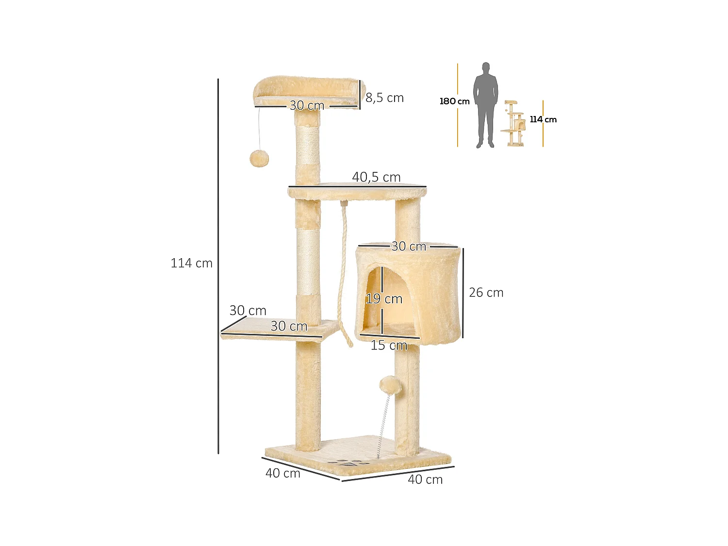 Arbre à chats multi-équipements griffoirs grattoirs plateformes niche corde jouets 40L x 40l x 114H cm beige