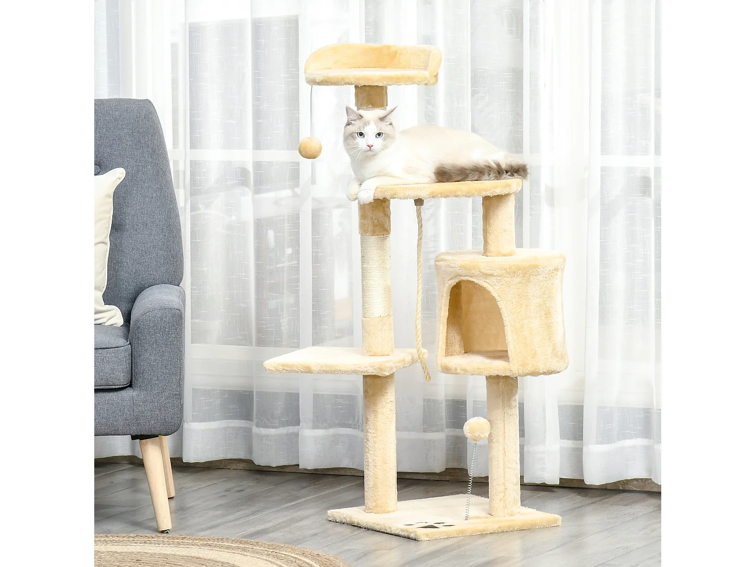 Arbre à chats multi-équipements griffoirs grattoirs plateformes niche corde jouets 40L x 40l x 114H cm beige