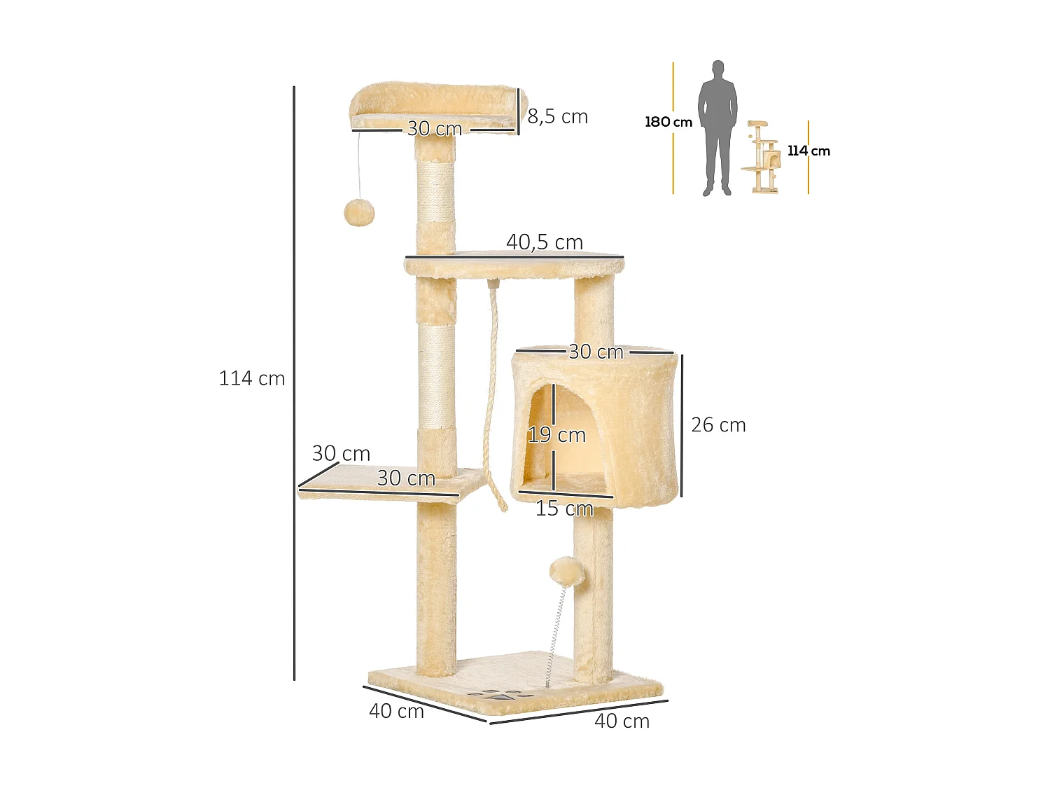 Arbre à chats multi-équipements griffoirs grattoirs plateformes niche corde jouets 40L x 40l x 114H cm beige