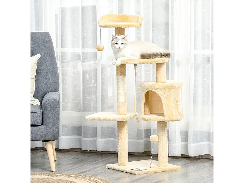 Arbre à chats multi-équipements griffoirs grattoirs plateformes niche corde jouets 40L x 40l x 114H cm beige