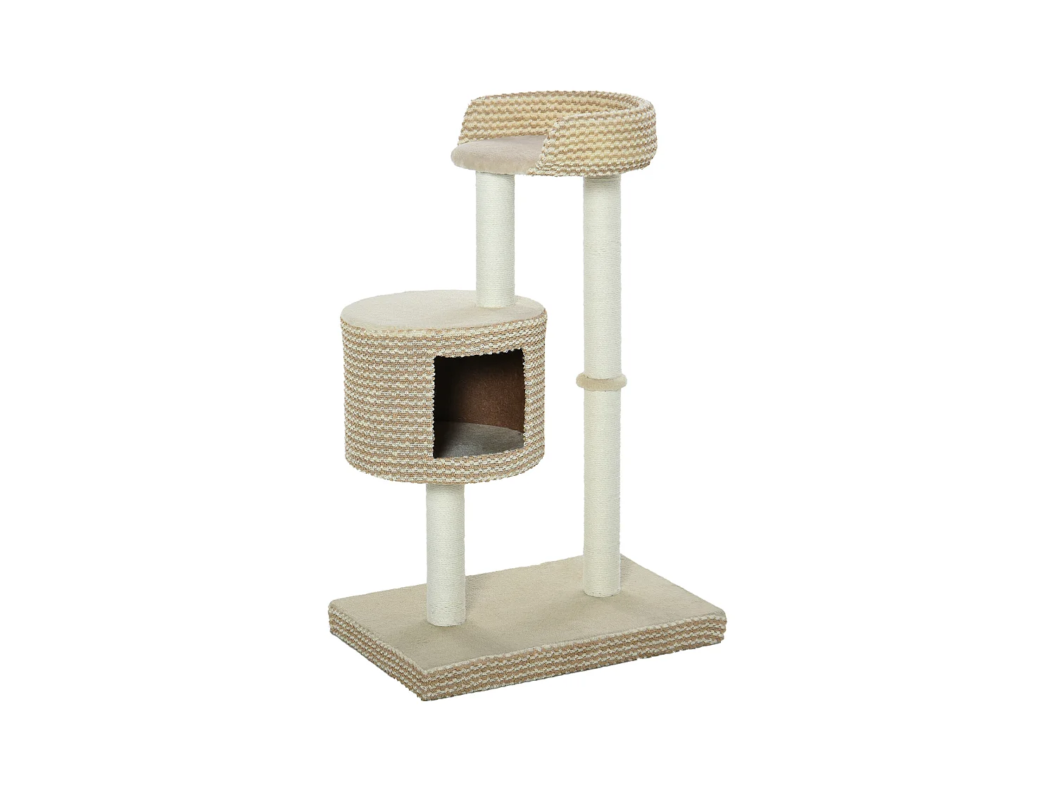 Arbre à chats style cosy chic griffoirs jute naturelle niche plateforme peluche courte bicolore beige café