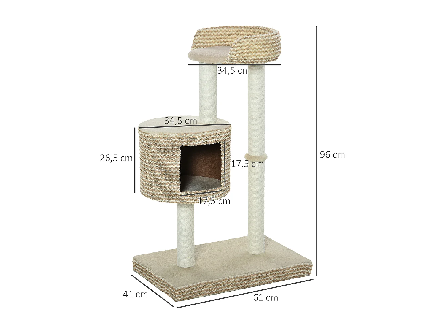 Arbre à chats style cosy chic griffoirs jute naturelle niche plateforme peluche courte bicolore beige café