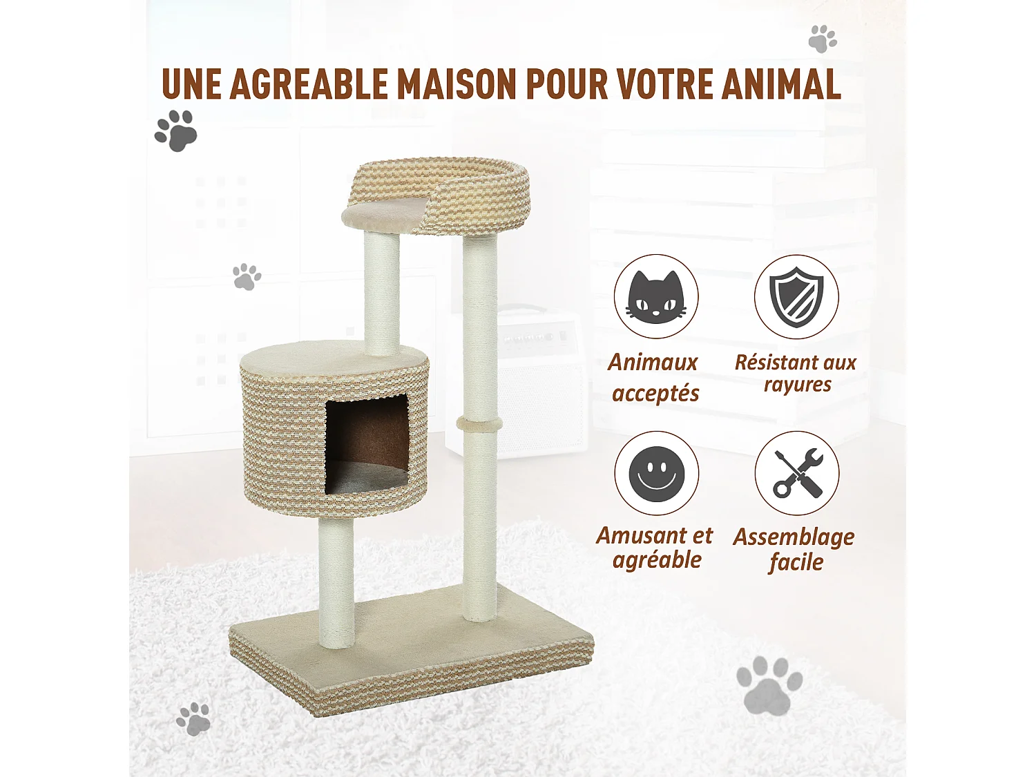 Arbre à chats style cosy chic griffoirs jute naturelle niche plateforme peluche courte bicolore beige café