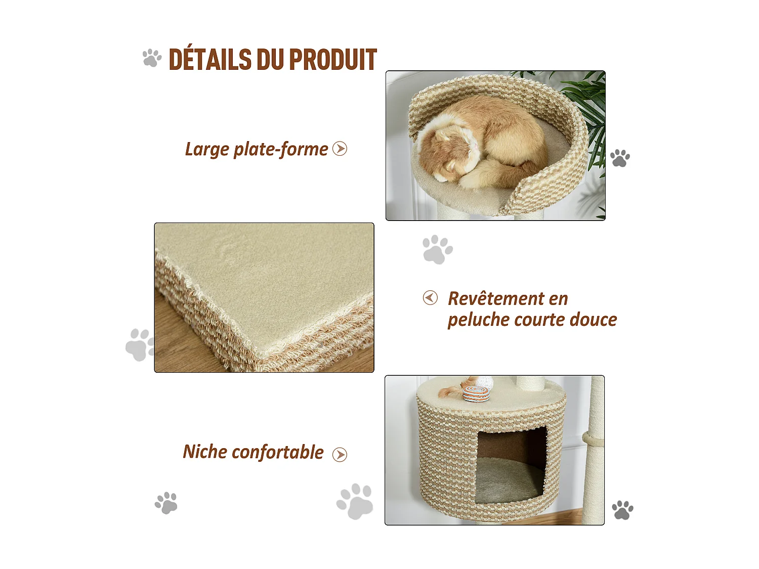 Arbre à chats style cosy chic griffoirs jute naturelle niche plateforme peluche courte bicolore beige café