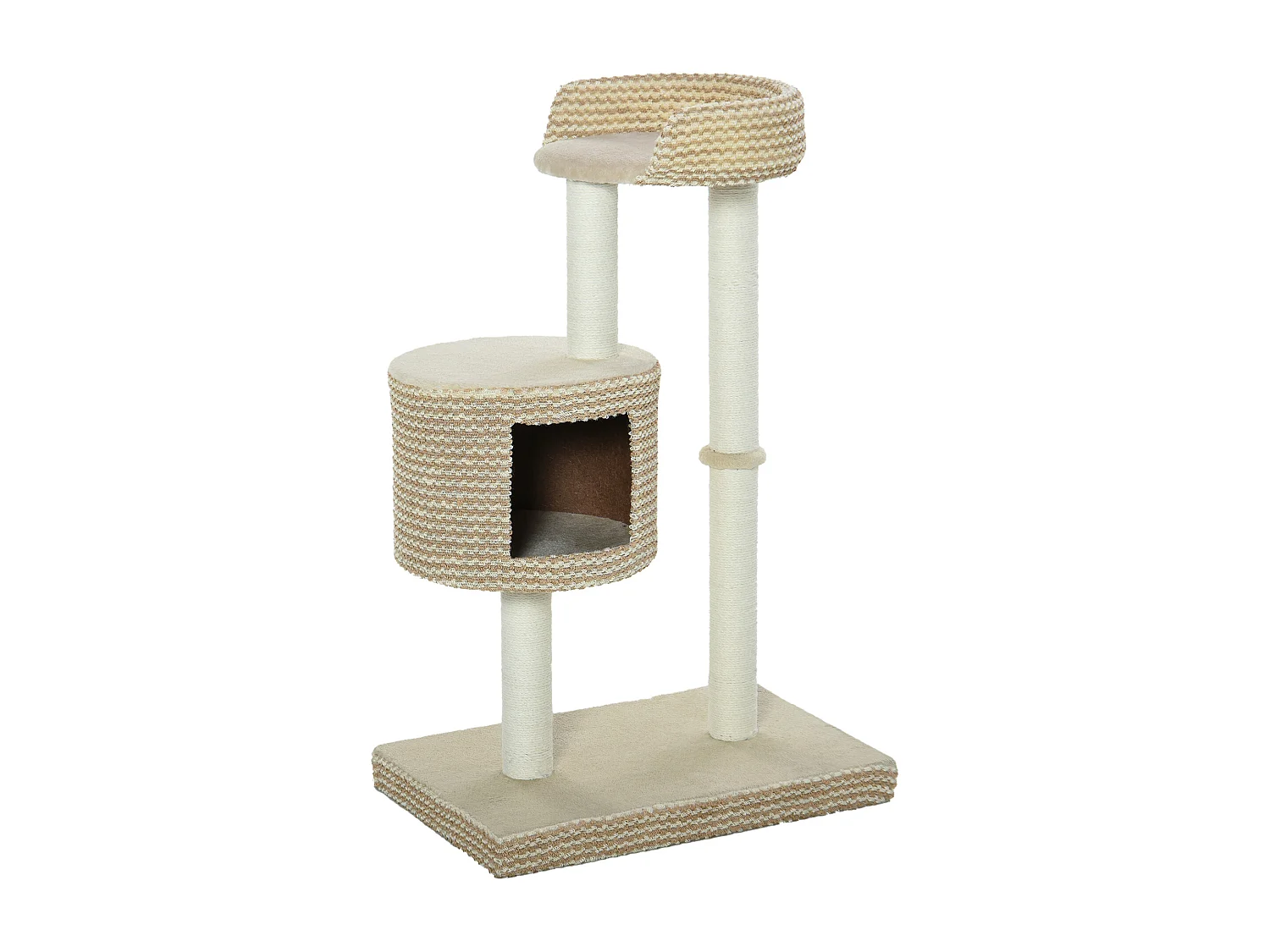 Arbre à chats style cosy chic griffoirs jute naturelle niche plateforme peluche courte bicolore beige café