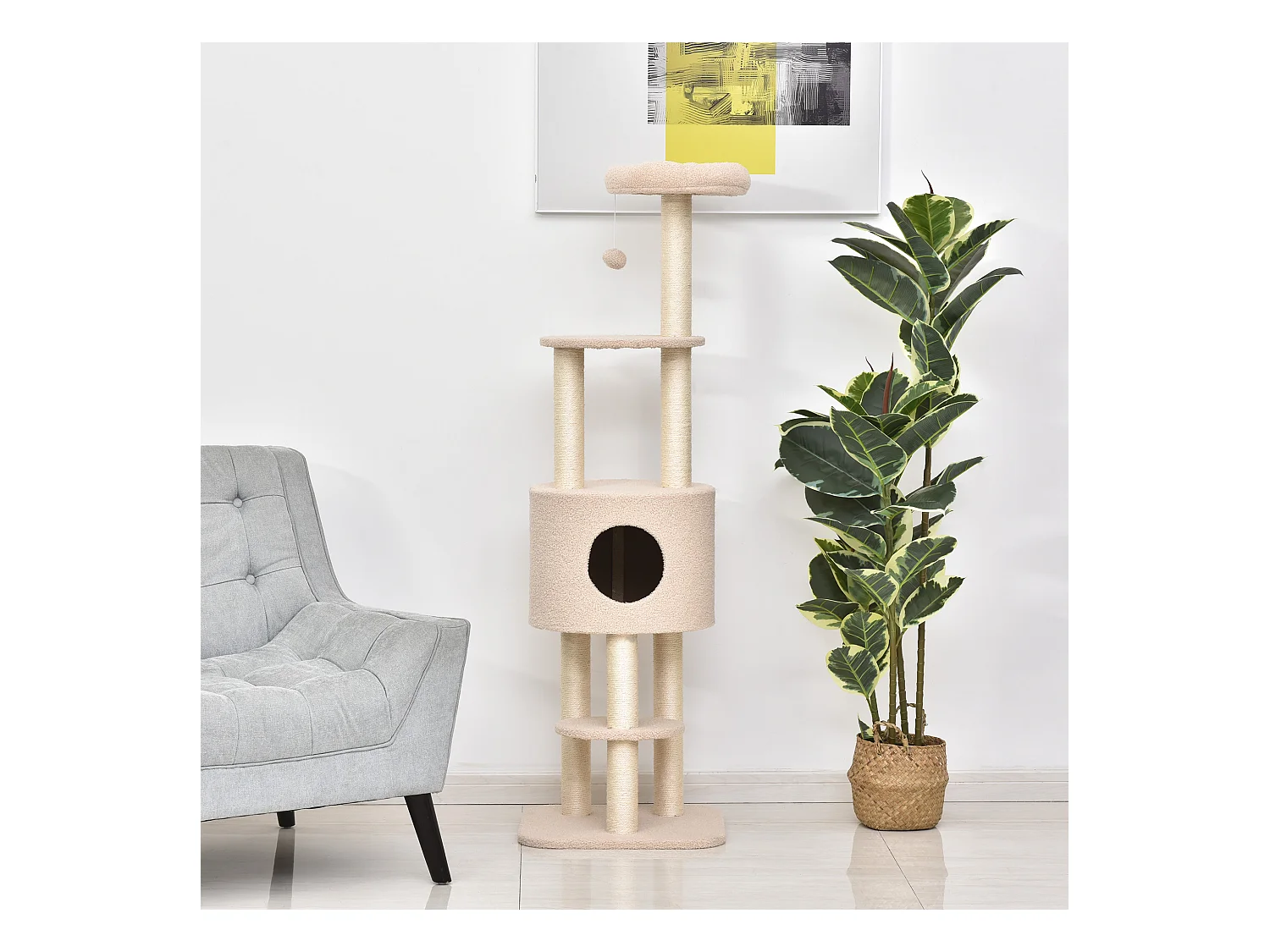 PawHut Arbre à Chats avec Griffoir Niche Poteaux Peluche Haute Densité 45L x 40L x 148H cm Beige