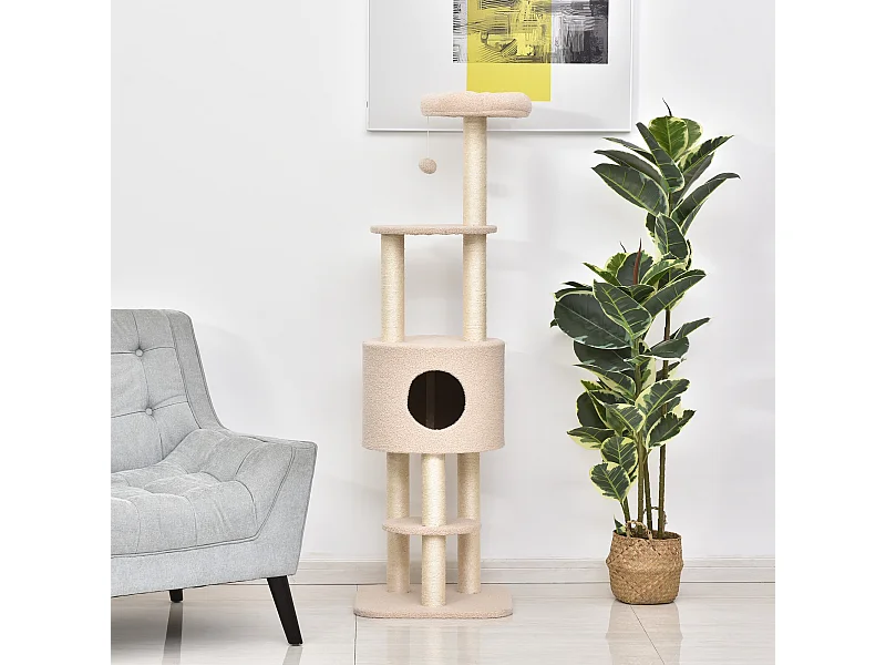 PawHut Arbre à Chats avec Griffoir Niche Poteaux Peluche Haute Densité 45L x 40L x 148H cm Beige