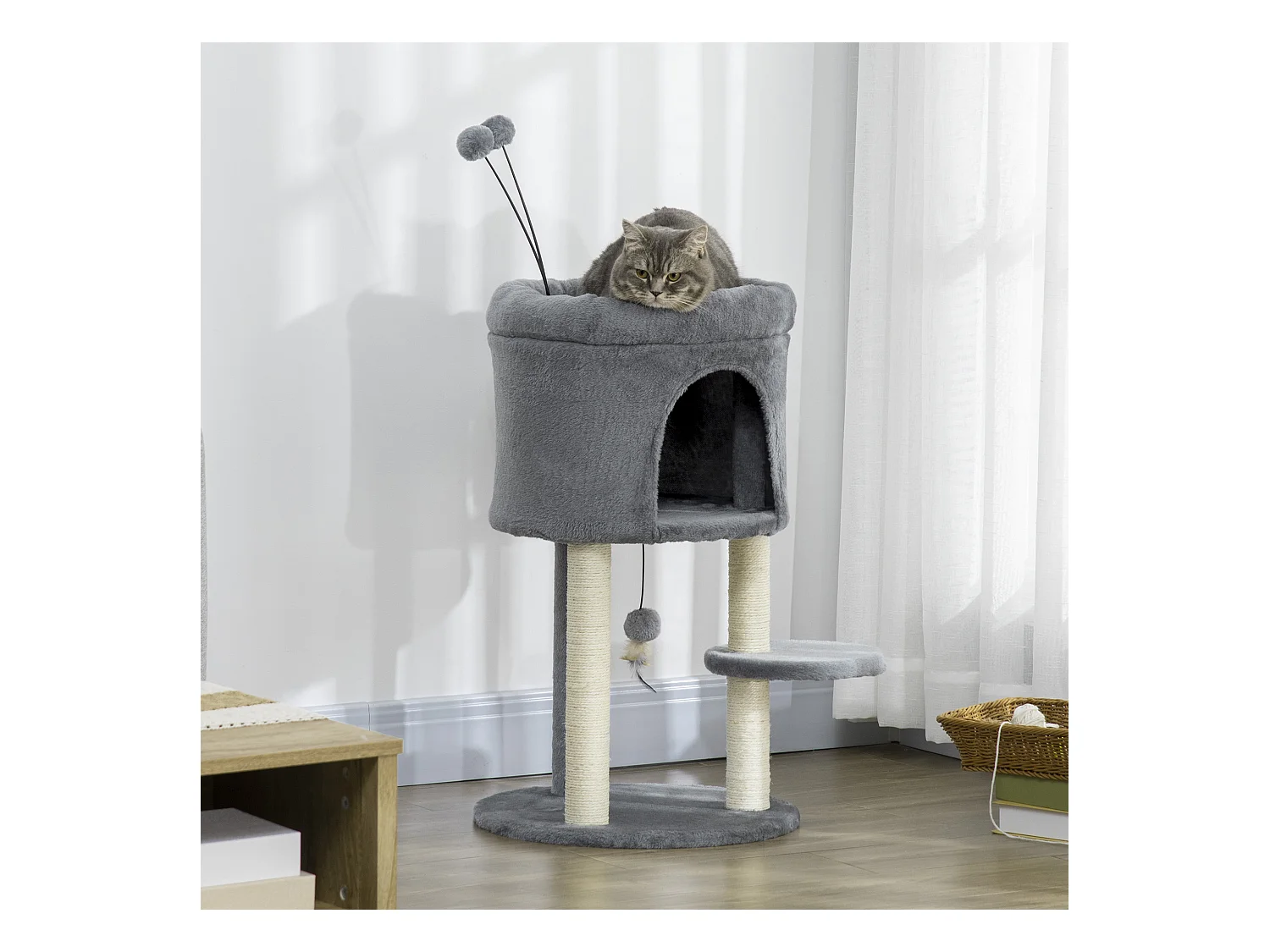 Arbre à chat 2 griffoirs sisal naturel niche plateforme panier observation jeu boules peluche gris