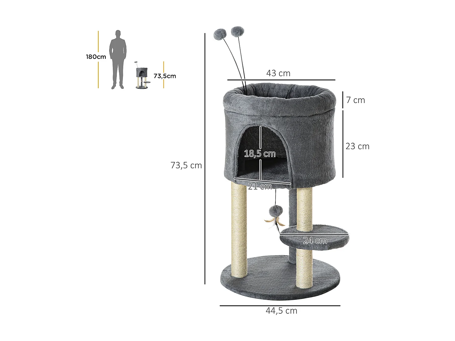 Arbre à chat 2 griffoirs sisal naturel niche plateforme panier observation jeu boules peluche gris