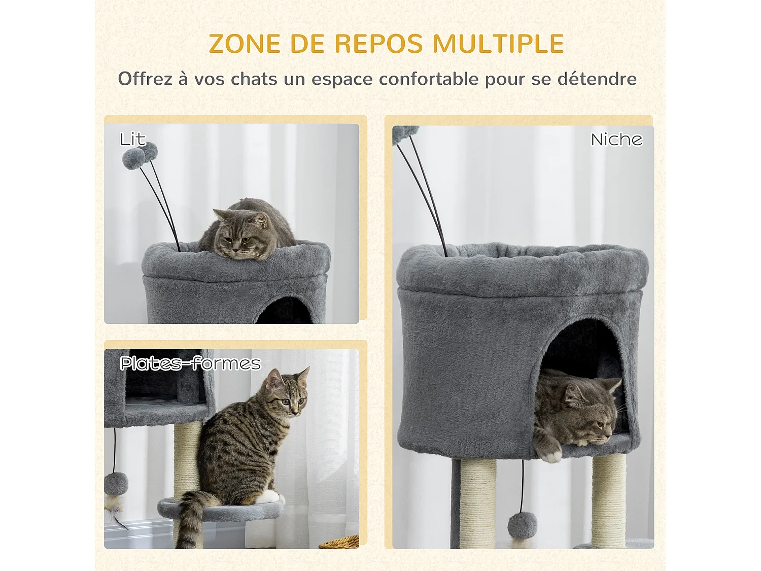 Arbre à chat 2 griffoirs sisal naturel niche plateforme panier observation jeu boules peluche gris