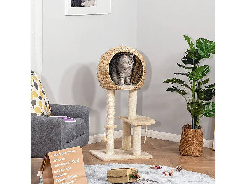 Arbre à chats style cosy chic griffoir sisal naturel grande niche plateformes jeu boule corde escalade peluche courte massette beige