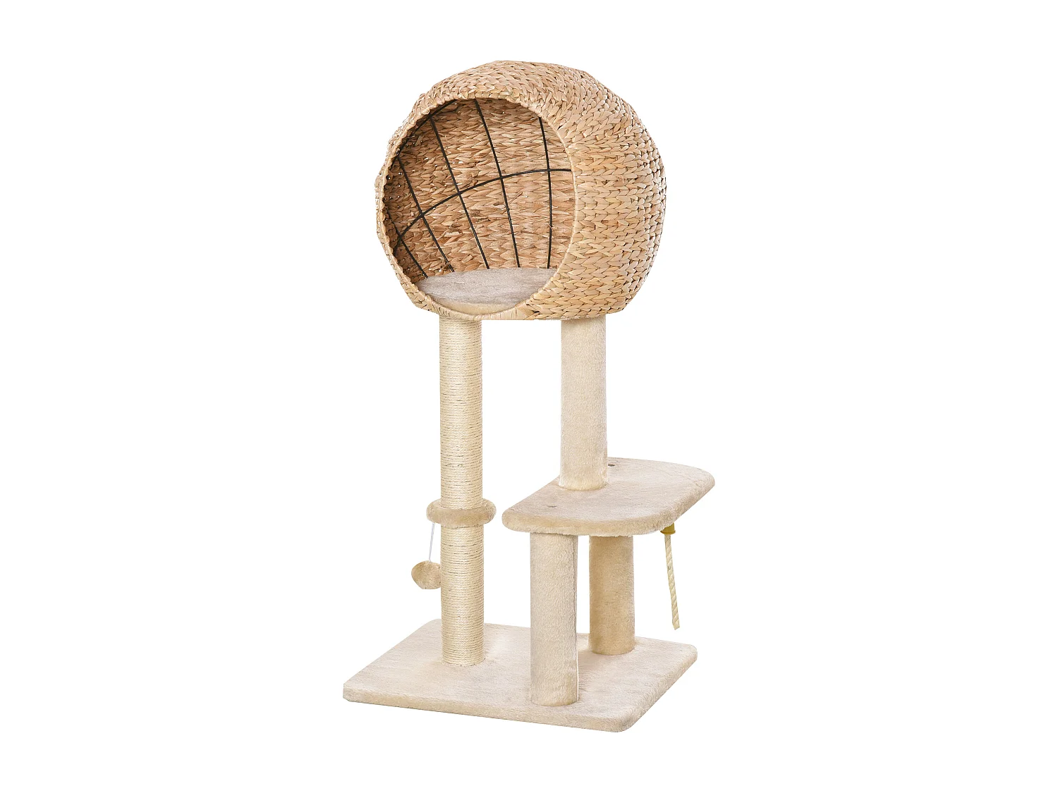 Arbre à chats style cosy chic griffoir sisal naturel grande niche plateformes jeu boule corde escalade peluche courte massette beige