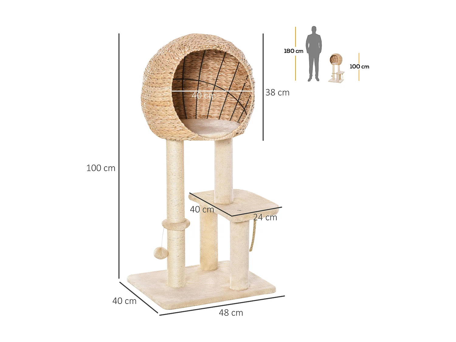 Arbre à chats style cosy chic griffoir sisal naturel grande niche plateformes jeu boule corde escalade peluche courte massette beige