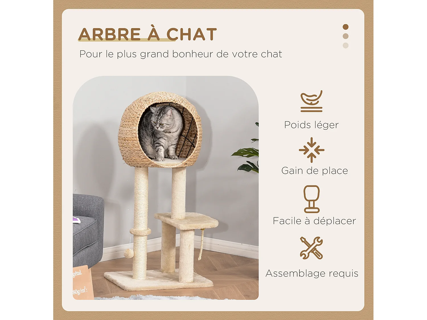 Arbre à chats style cosy chic griffoir sisal naturel grande niche plateformes jeu boule corde escalade peluche courte massette beige