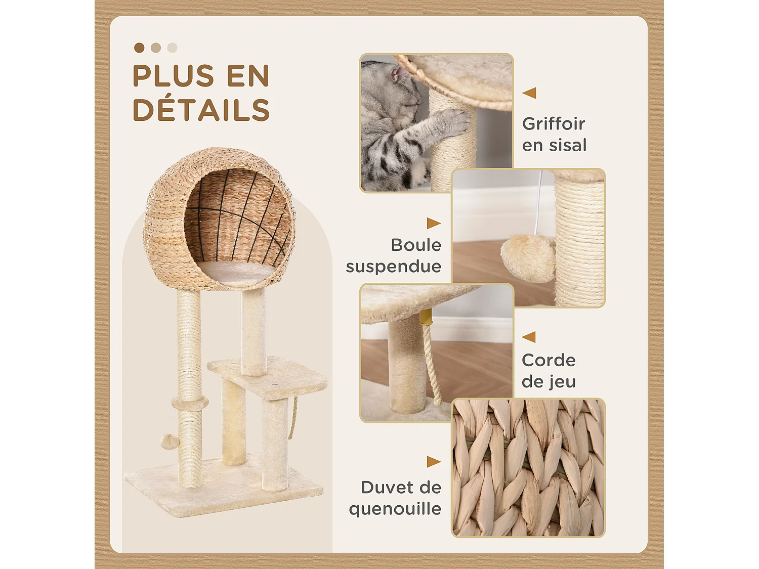 Arbre à chats style cosy chic griffoir sisal naturel grande niche plateformes jeu boule corde escalade peluche courte massette beige
