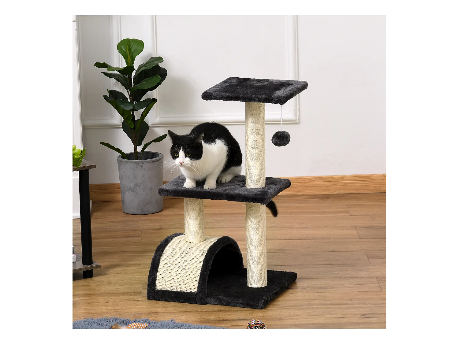 Arbre à chat griffoir grattoir design jeu boule suspendue 2 plateformes peluche sisal naturel gris