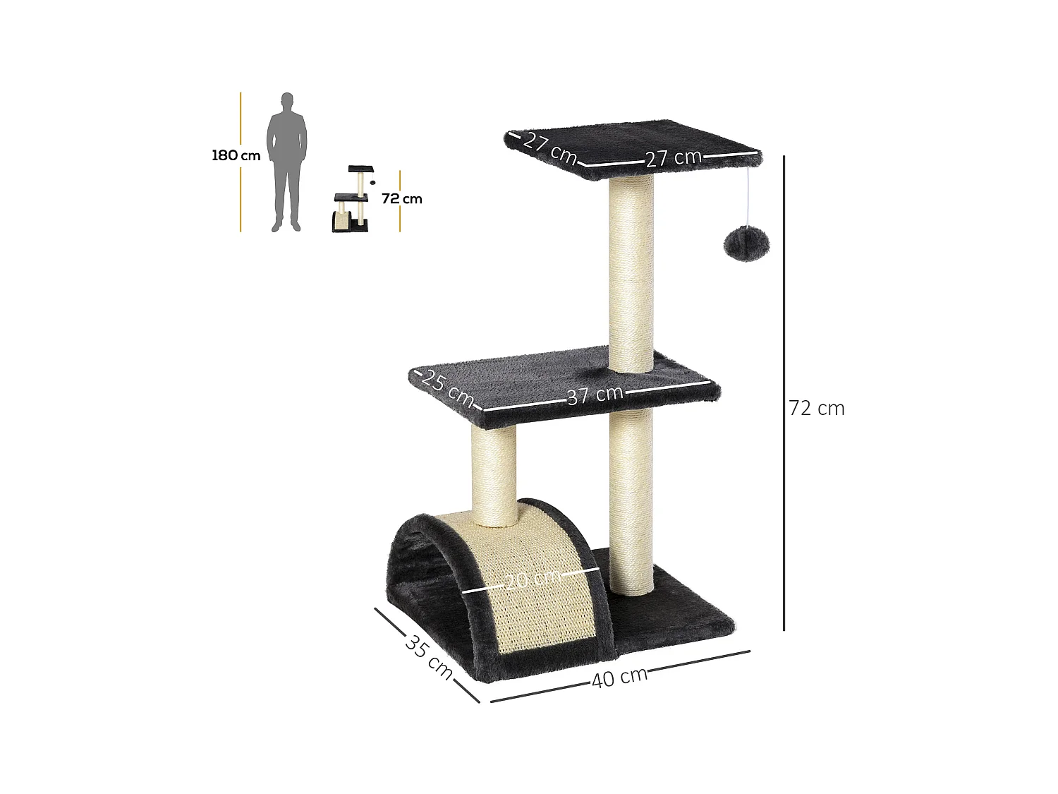 Arbre à chat griffoir grattoir design jeu boule suspendue 2 plateformes peluche sisal naturel gris