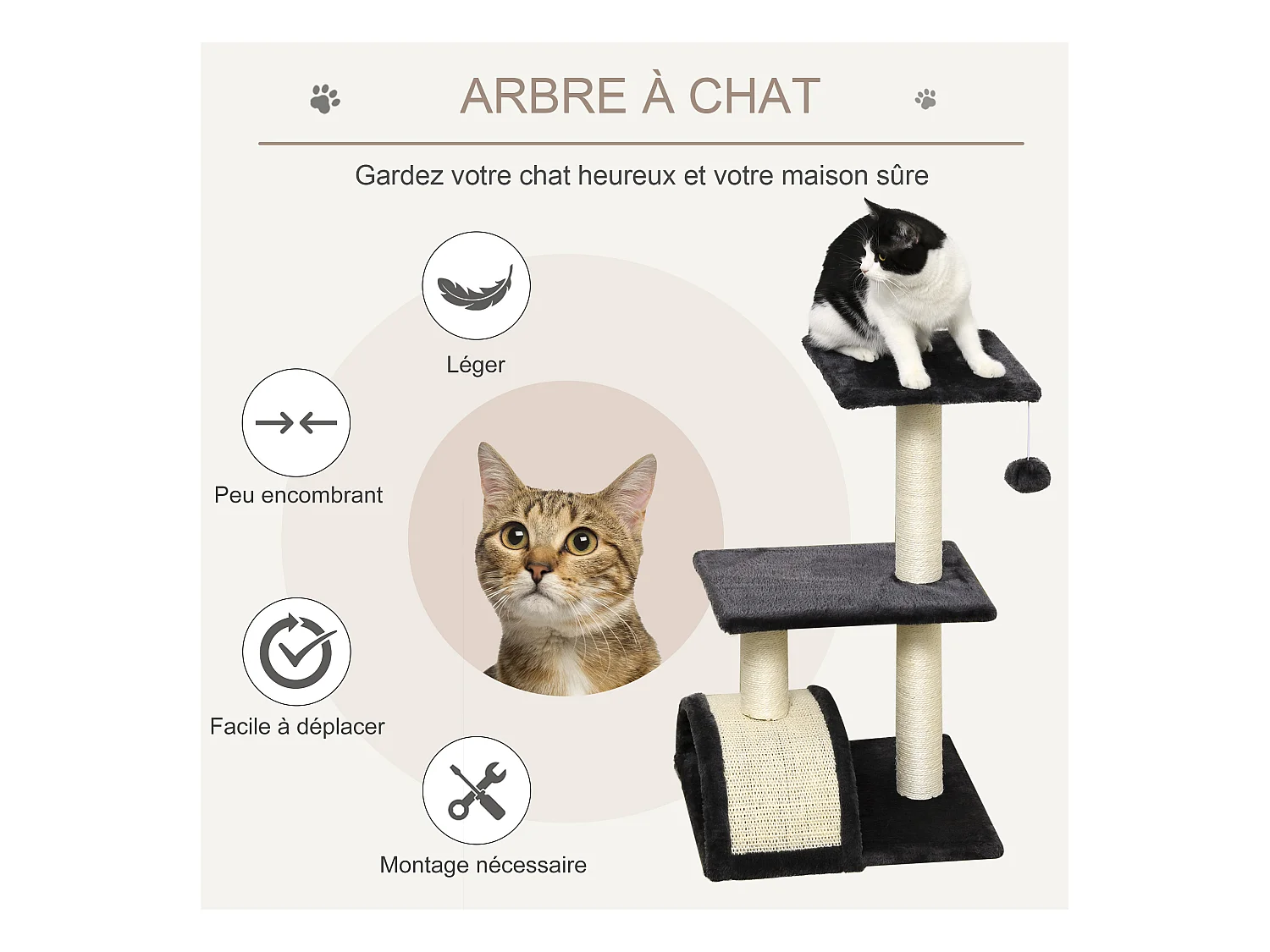 Arbre à chat griffoir grattoir design jeu boule suspendue 2 plateformes peluche sisal naturel gris