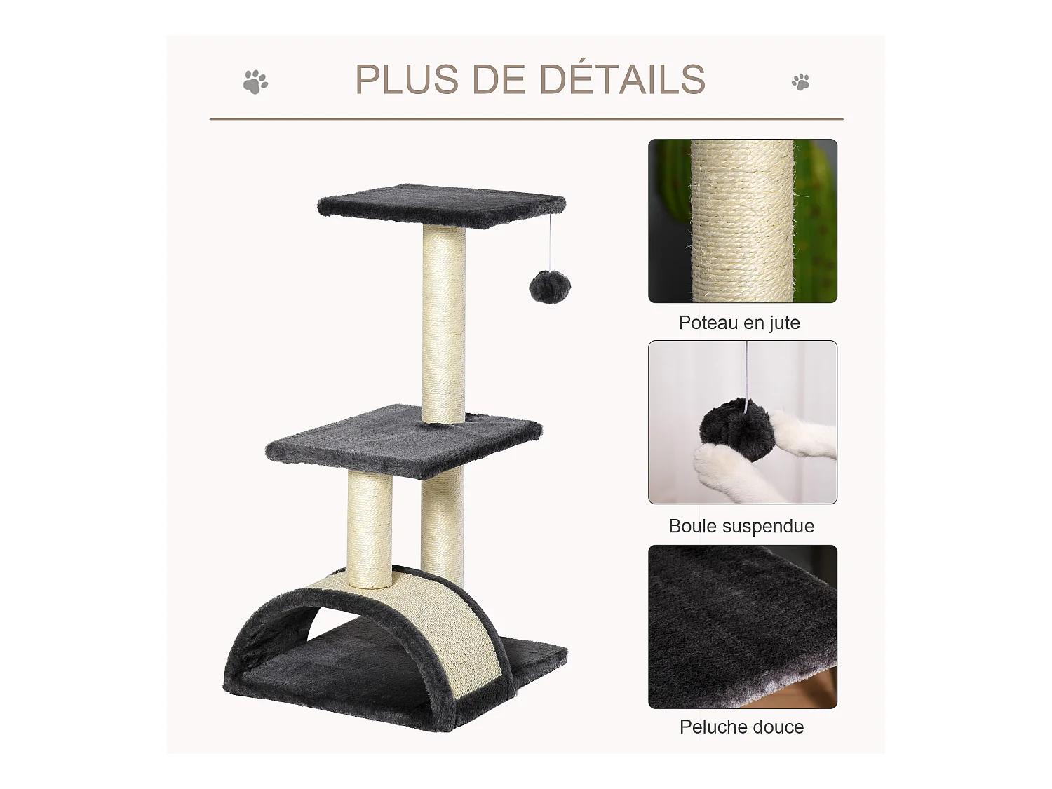 Arbre à chat griffoir grattoir design jeu boule suspendue 2 plateformes peluche sisal naturel gris