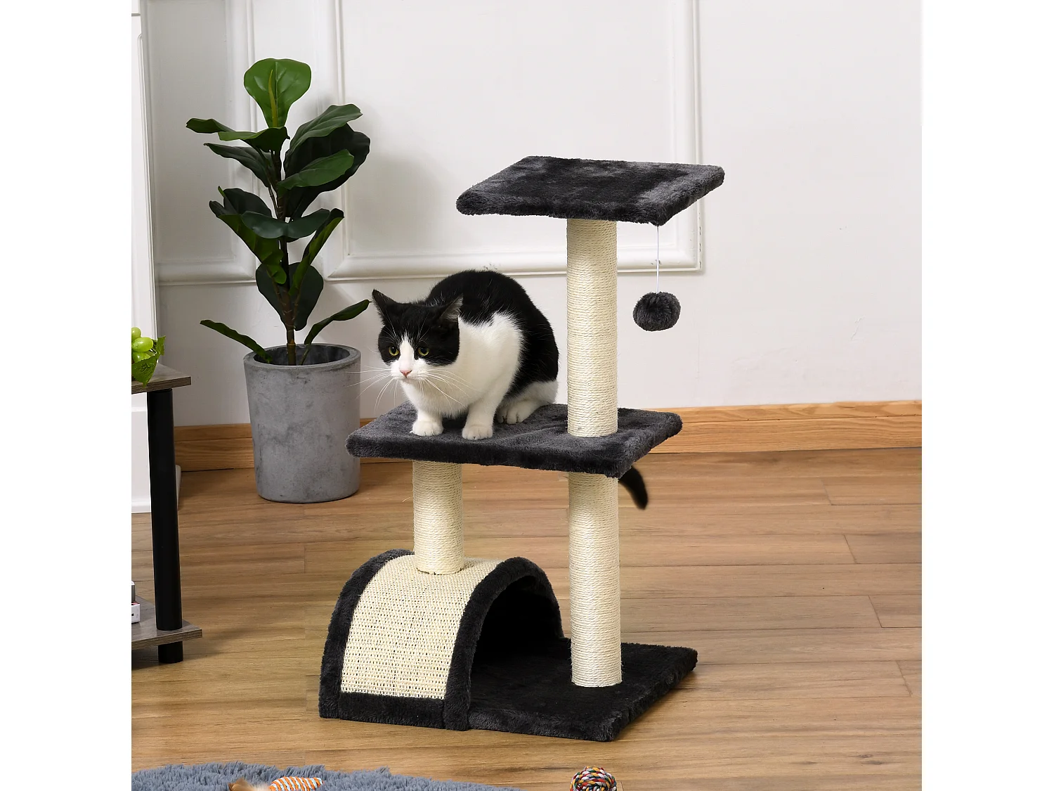 Arbre à chat griffoir grattoir design jeu boule suspendue 2 plateformes peluche sisal naturel gris