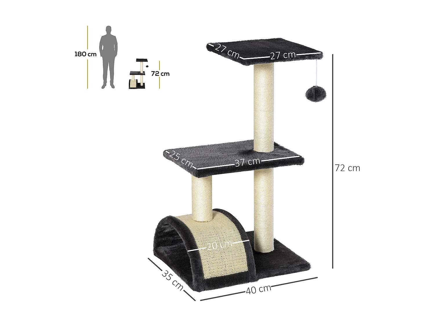 Arbre à chat griffoir grattoir design jeu boule suspendue 2 plateformes peluche sisal naturel gris