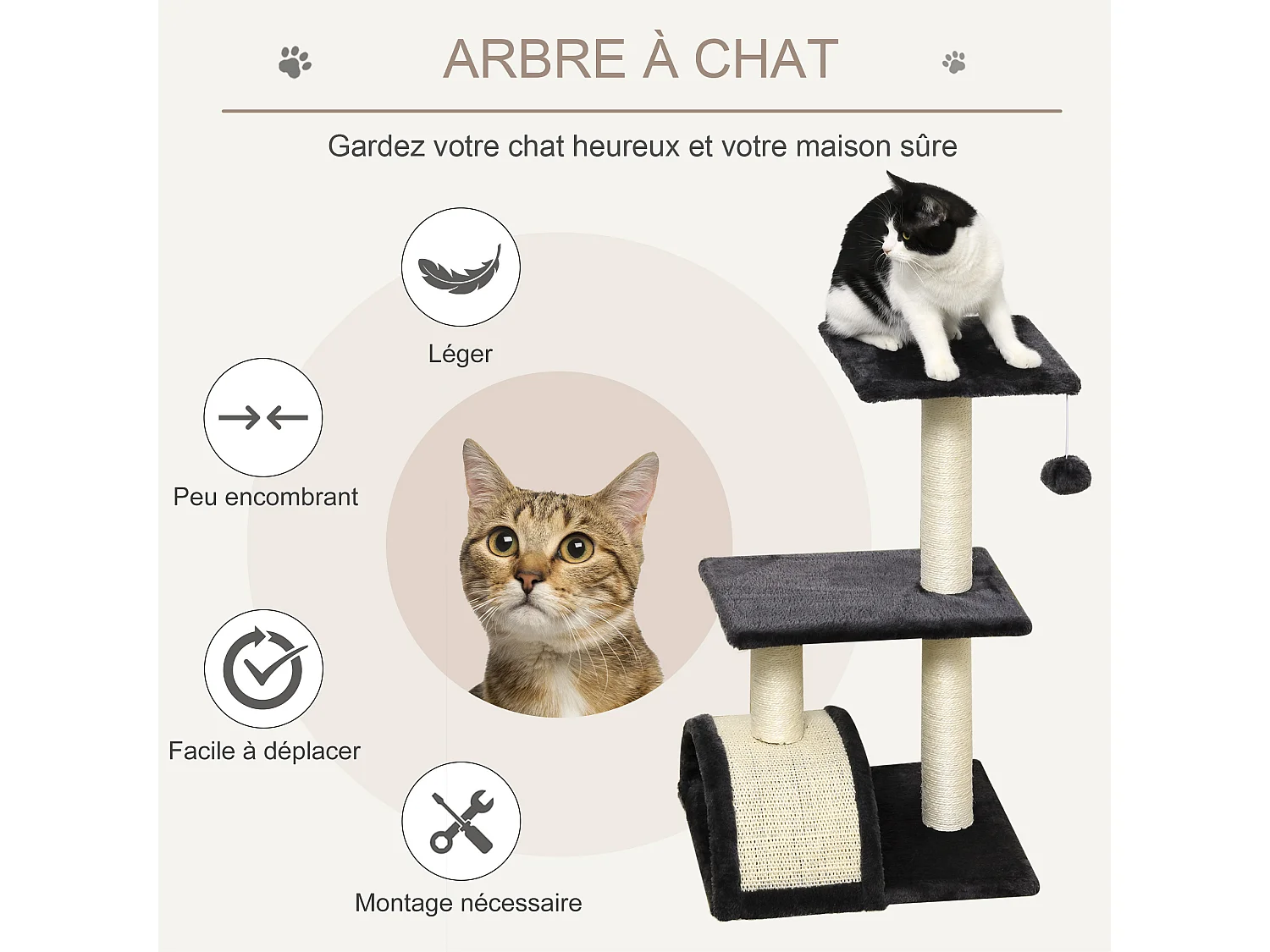 Arbre à chat griffoir grattoir design jeu boule suspendue 2 plateformes peluche sisal naturel gris
