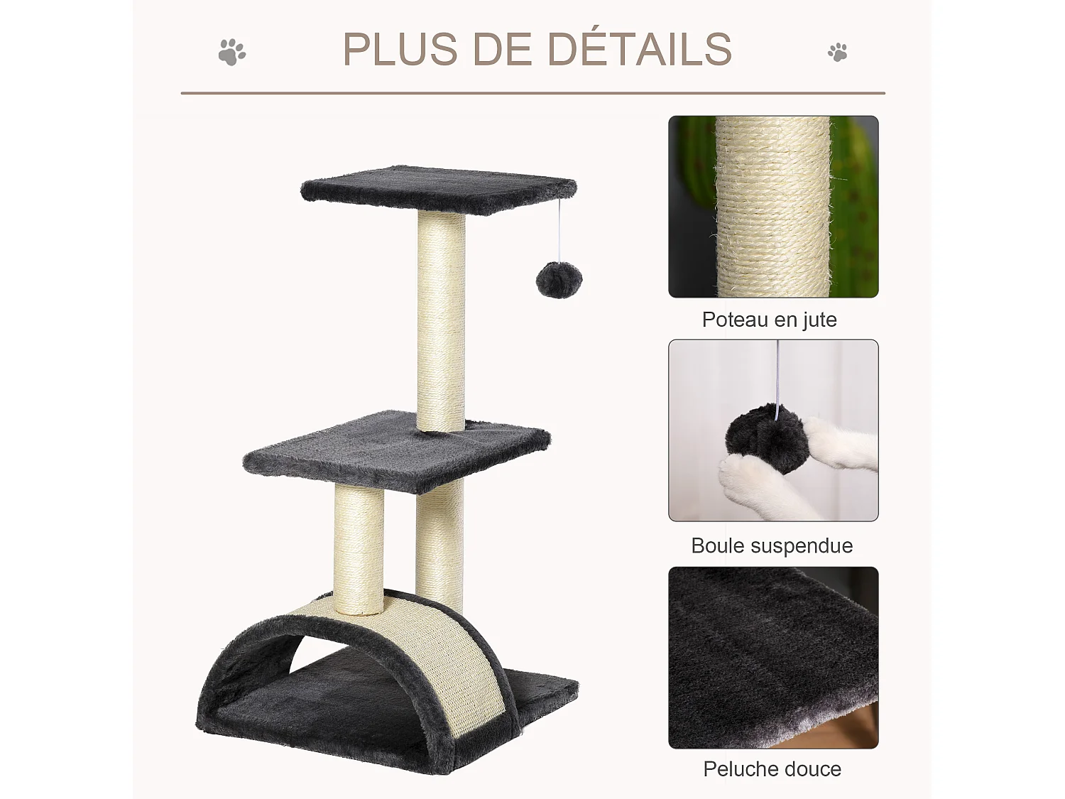 Arbre à chat griffoir grattoir design jeu boule suspendue 2 plateformes peluche sisal naturel gris